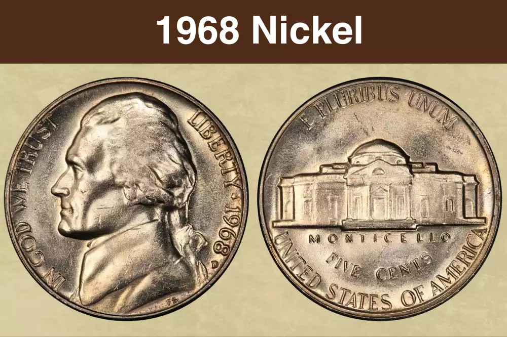 1968-S Jefferson nickel obverse and reverse showing mint mark and Monticello design