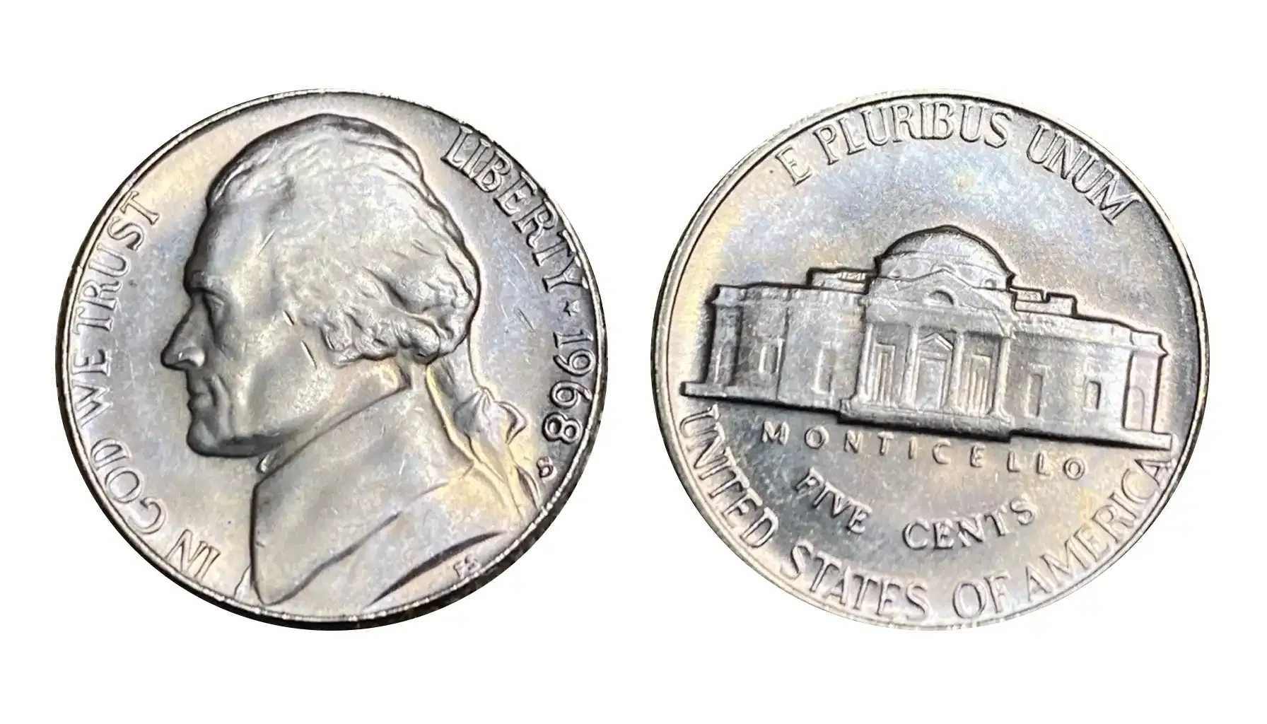 Side-by-side comparison of 1968 nickel without Full Steps versus 1968-S nickel with Full Steps designation showing Monticello step detail