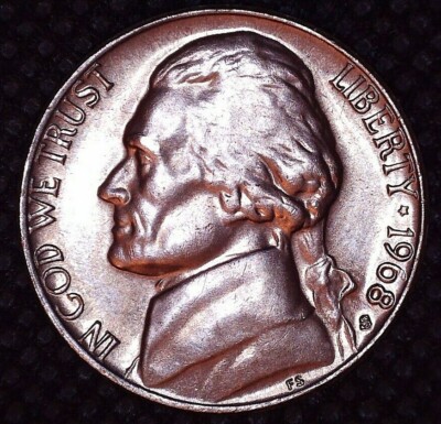 1968-S Jefferson nickel Full Steps reverse showing sharply defined Monticello step lines under magnification