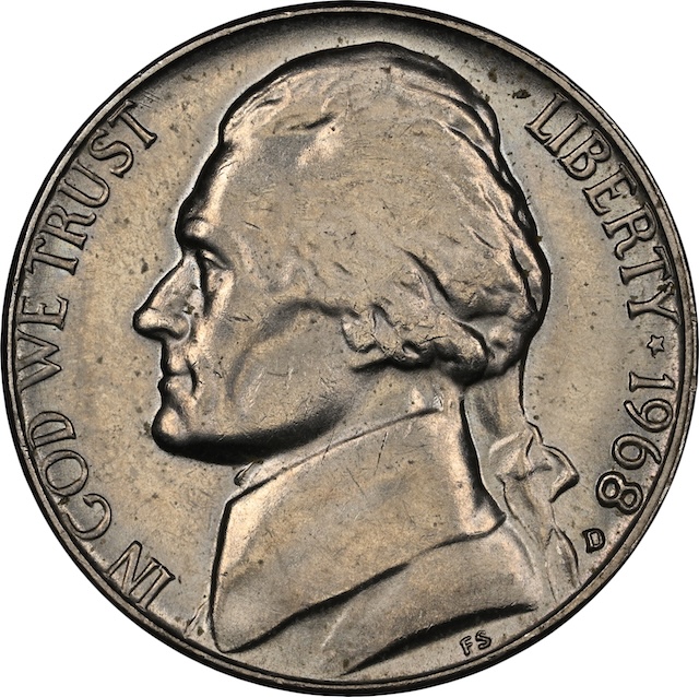 1968-D Jefferson nickel reverse showing Monticello, the rarest Full Steps variety with only one PCGS-certified example