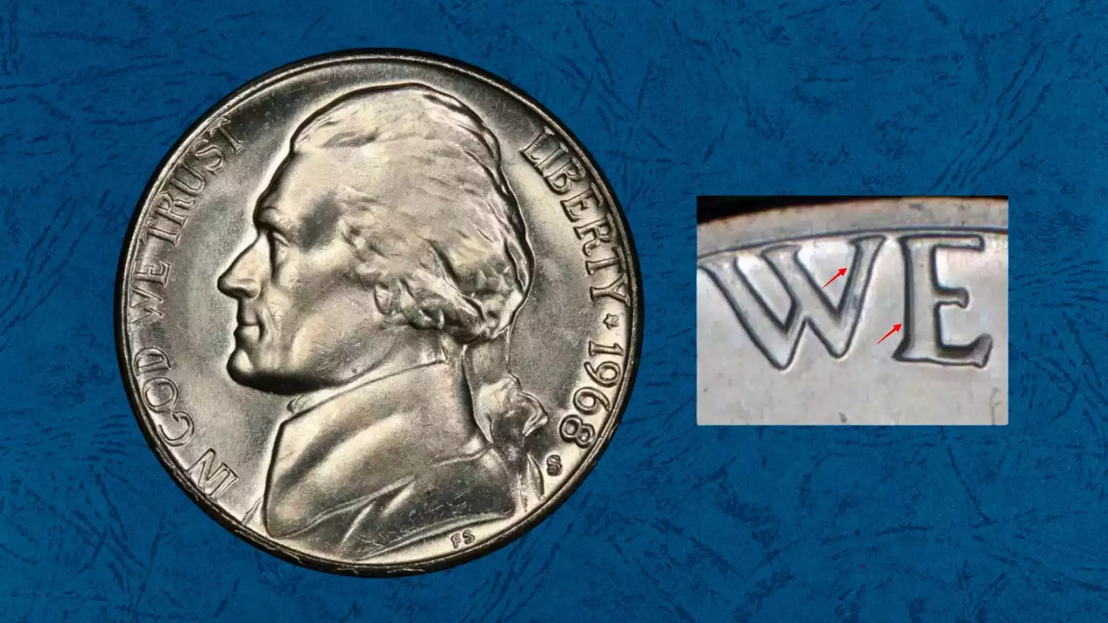 1968-S Jefferson nickel Doubled Die Obverse error showing doubling on LIBERTY inscription under magnification