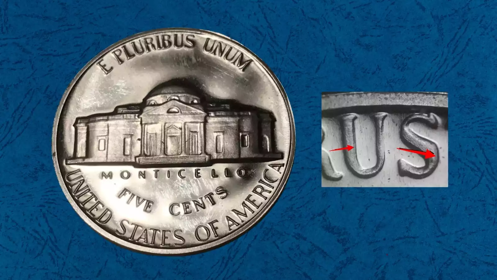 1968-D Jefferson nickel Doubled Die Reverse error showing doubling on Monticello inscriptions E PLURIBUS UNUM and FIVE CENTS