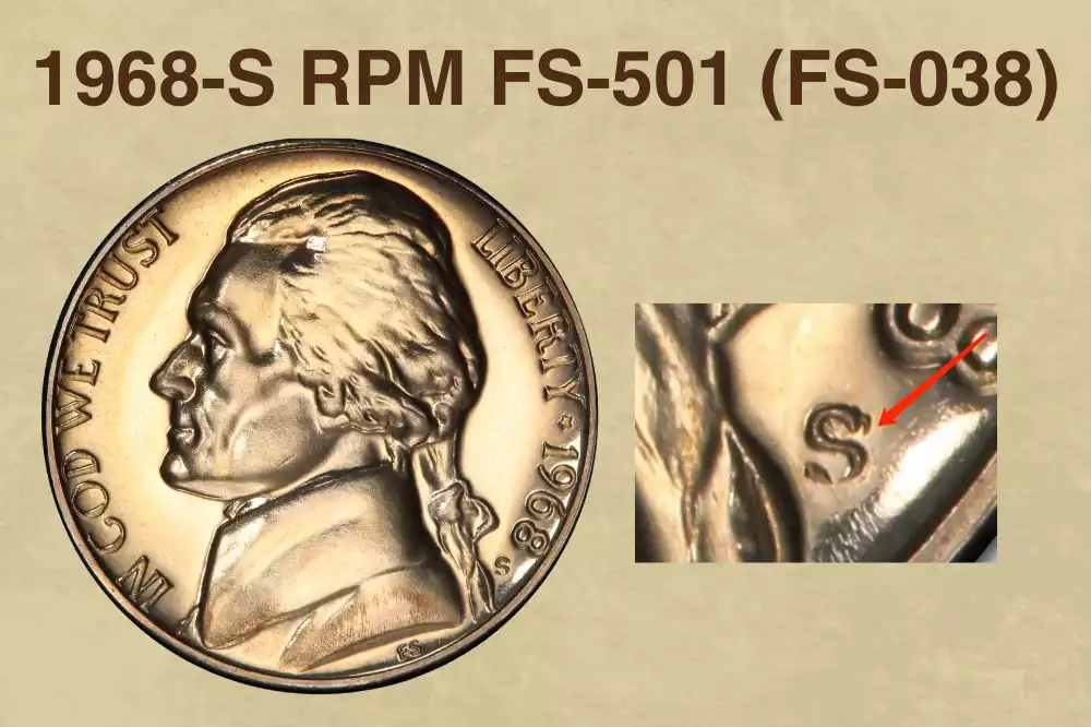 1968-S Jefferson nickel Repunched Mint Mark RPM error showing doubled S mint mark on the obverse under magnification