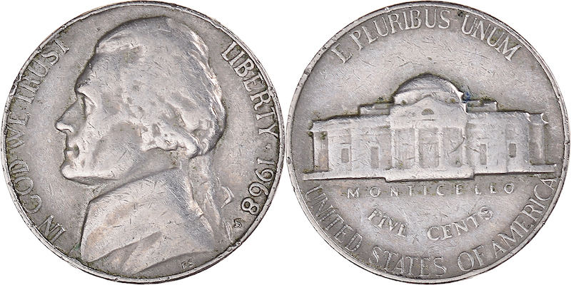 1968 Jefferson nickel mintage data illustration showing coins from Denver and San Francisco Mints