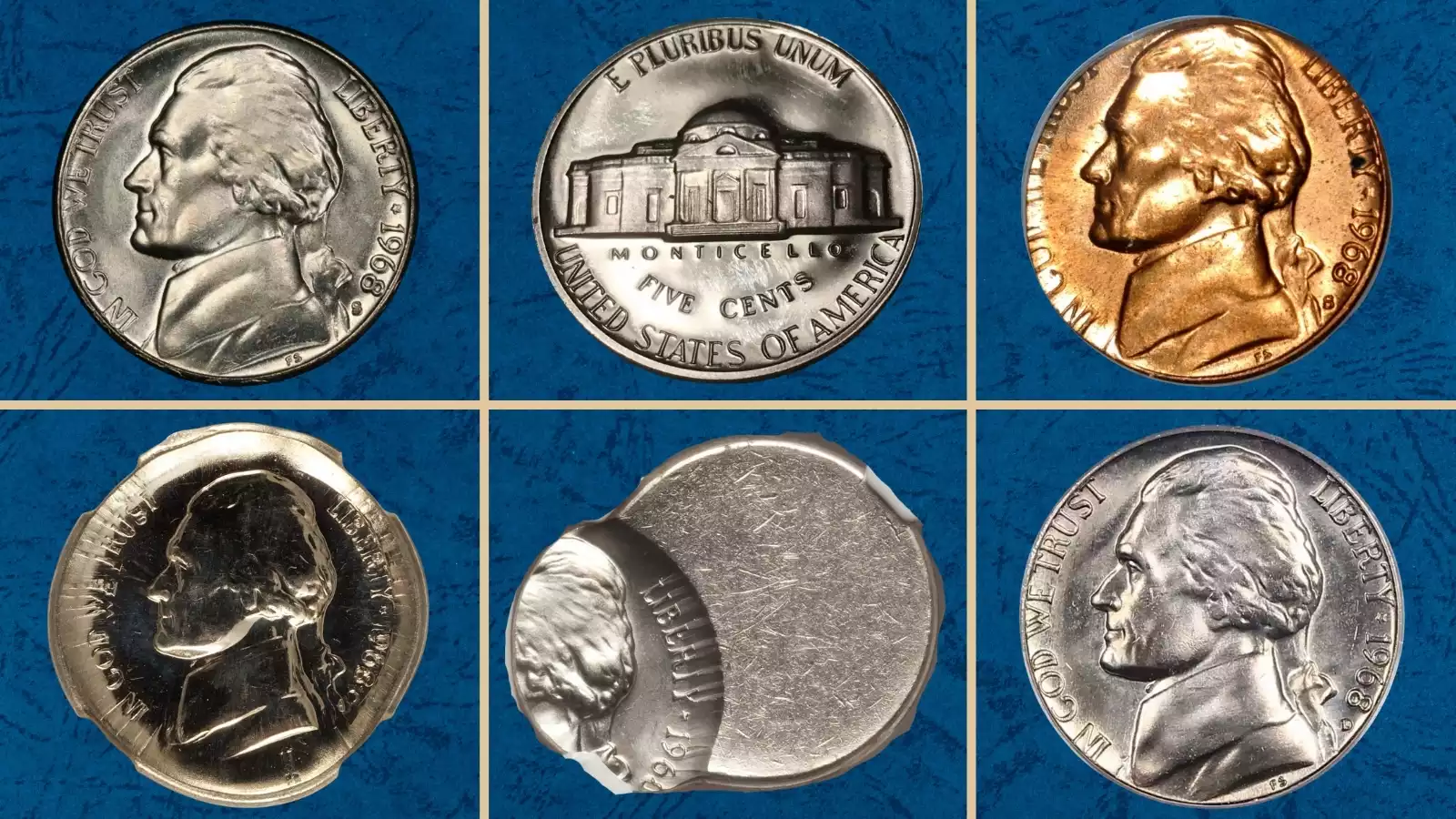 1968 Jefferson nickel grading strip showing four condition tiers from worn to gem uncirculated